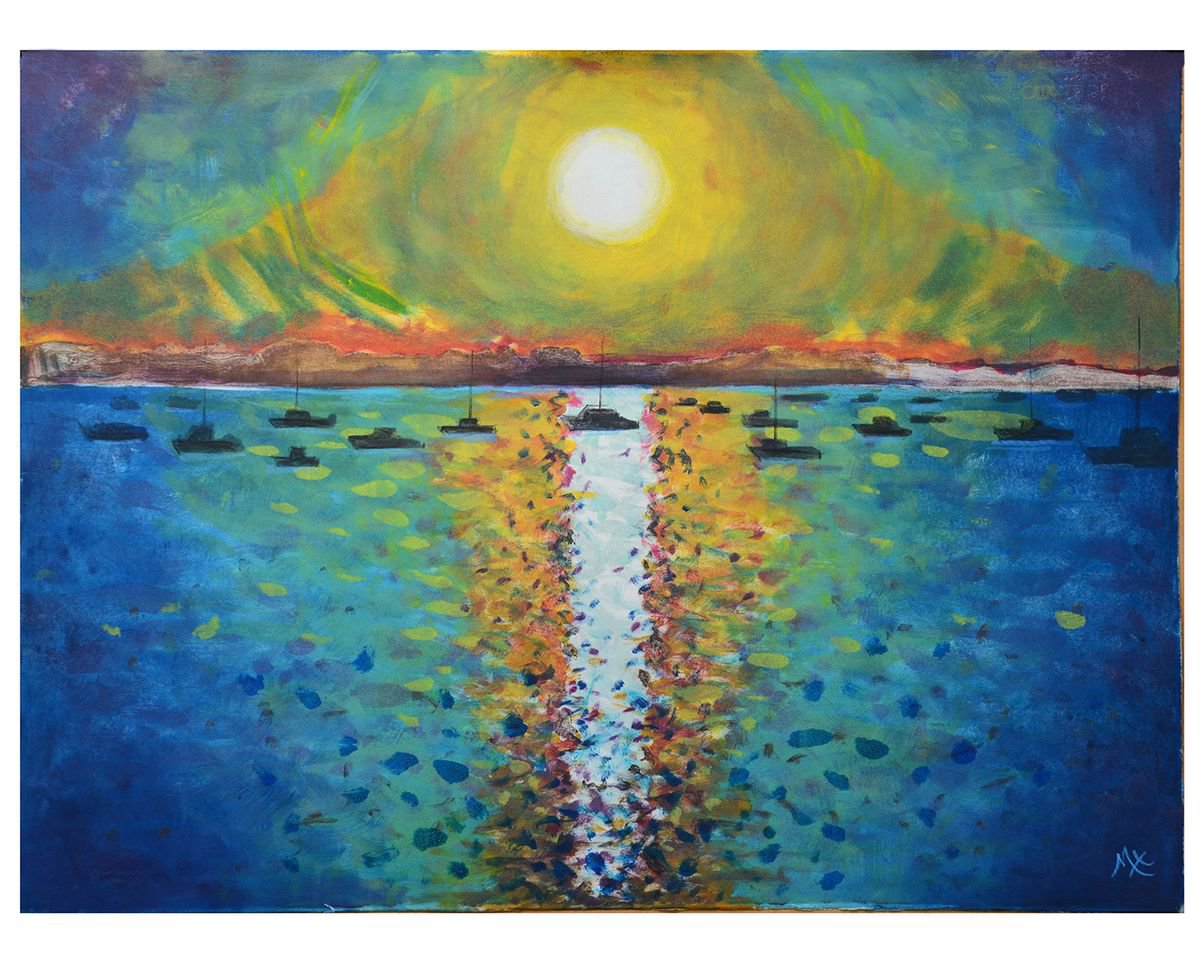 Impressionistic Landscape Limited Edition Print By Isabel Hutchison, 30 X 22, Sunset Harbour, Original Artwork