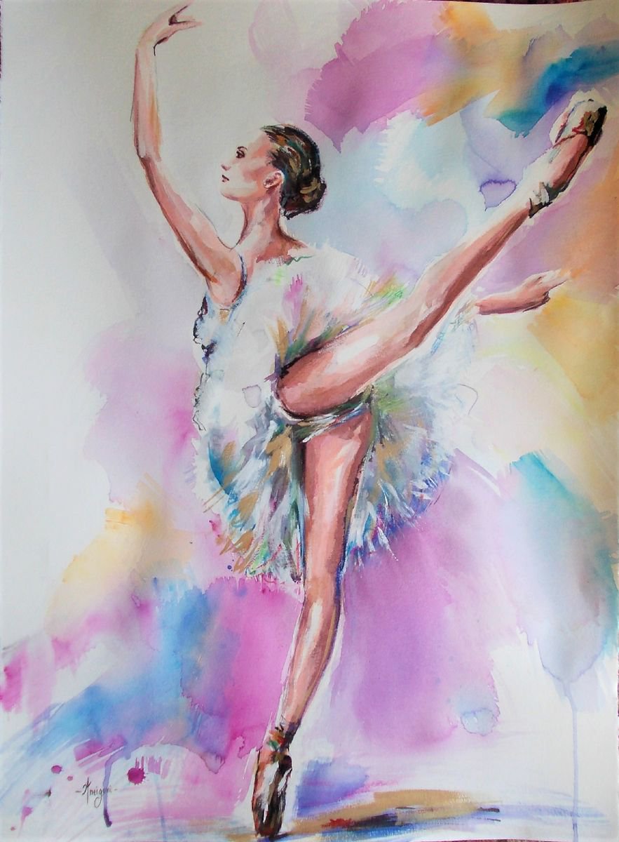 Grace - Ballerina Mixed Media Painting on Paper by Antigoni Tziora