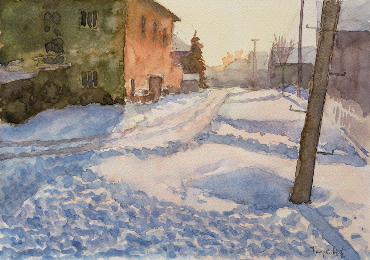Impressionistic Cityscapes Watercolour By Dejan Trajkovic, 13 X 9, Village Street Under The Snow, Original Artwork