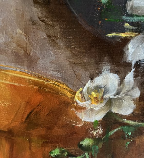 ORANGE KIMONO WHITE ORCHIDS