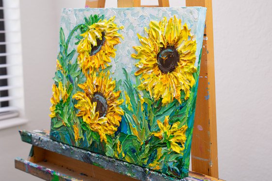 Sunflowers in the morning - Original Floral Painting on Canvas, Palette Knife Art, Textured Impasto Artwork