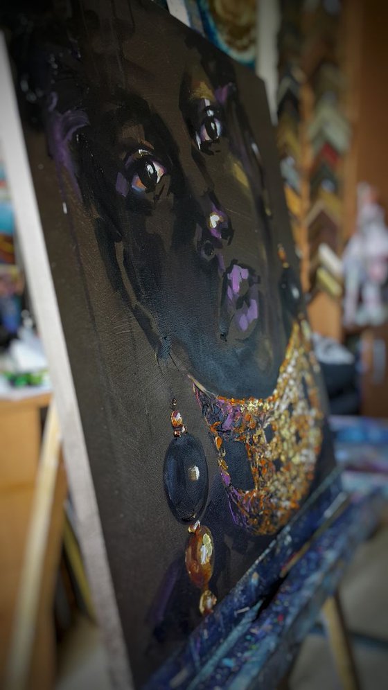 Female portrait of a black girl with gold jewelry on her neck, abstract woman portrait, oil original