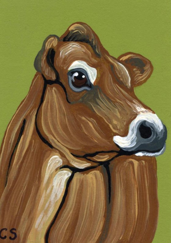 ACEO ATC Original Miniature Painting Jersey Cow Farmyard Art-Carla Smale