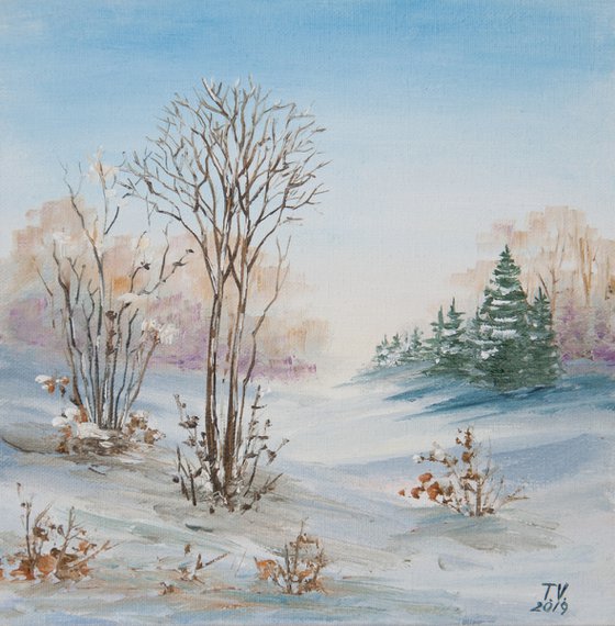 Winter morning. Snow landscape. Small oil painting. Miniature. 6 x 6