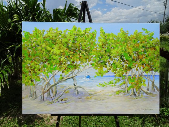 DAY ON THE BEACH. Tropical Island Seascape Painting of Florida Beach and Fishing Boat.