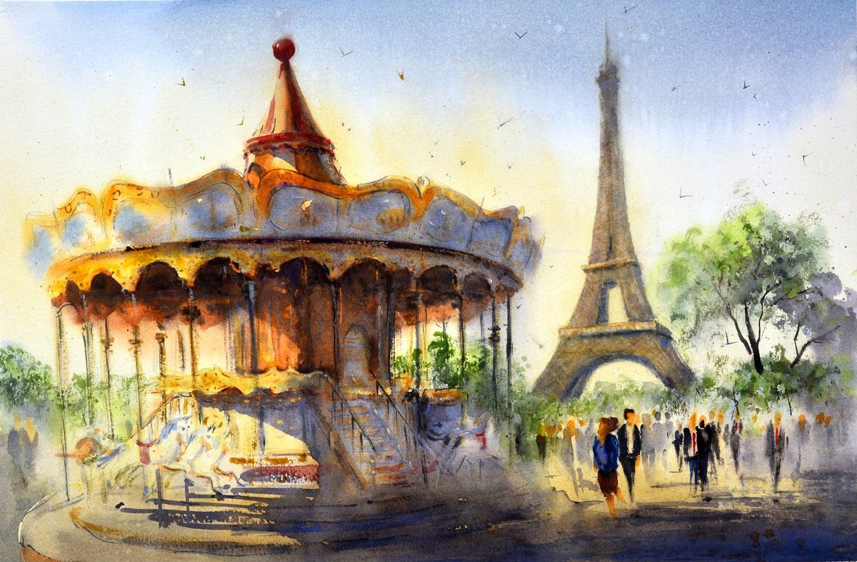 Carousel at Eiffel tower Paris France 53x35cm 2020 by Nenad Kojic watercolorist