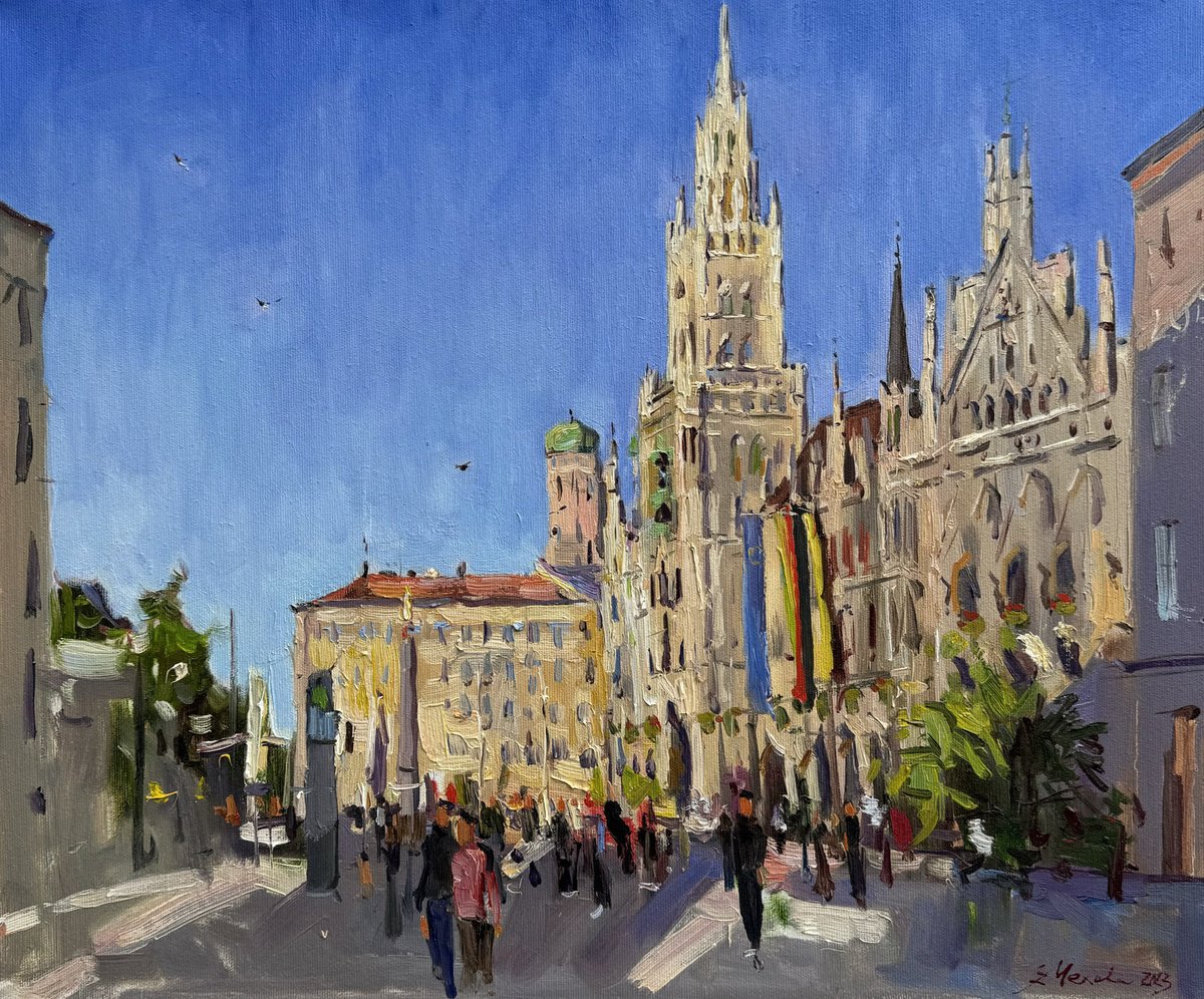 Impressionistic Cityscapes Oil Painting By Evgeniia Mekhova, 24 X 20, Munich Marienplatz, Original Artwork