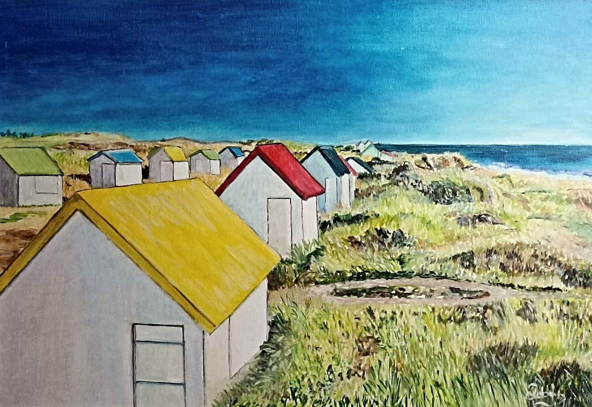 Impressionistic Landscape Oil Painting By Isabelle Lucas, 22 X 15, Colored Cabins, Original Artwork