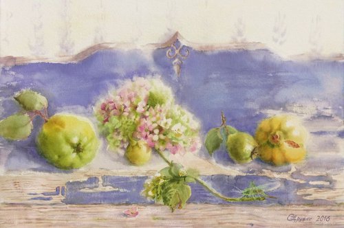 Still Life With  Hydrangea And Apple quince by Svitlana Druzhko