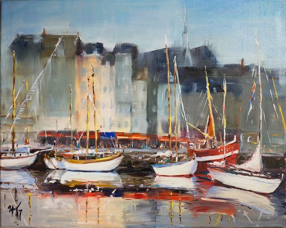 Honfleur harbor. Original oil painting medium size impressionism boats bright sea seascape france normandy sun light