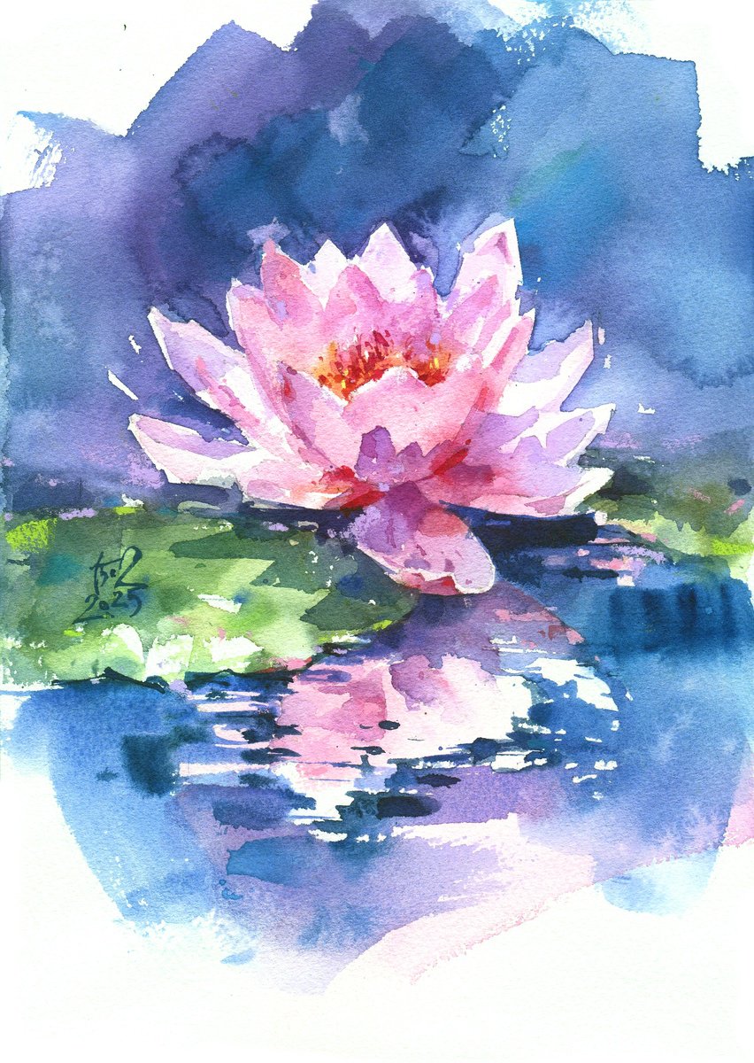 Impressionistic Botanical Watercolour By Ksenia Selianko, 8 X 12", Pink Lotus Reflections, Original Artwork