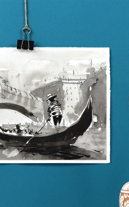 Rialto Bridge Venice, Italy, ink original ink drawing painting illustration by Marin Victor
