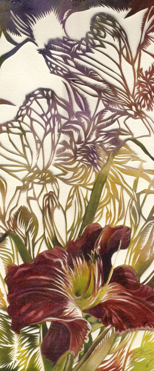 red daylily with butterfly watercolor with paper cut by Alfred  Ng