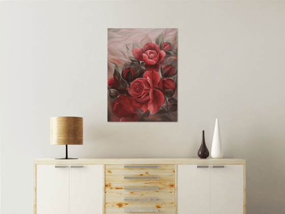 Embrace of terracotta roses, oil painting, original gift, home decor, Flowering, Spring, Leaves, Living Room, leaves,  flower picture