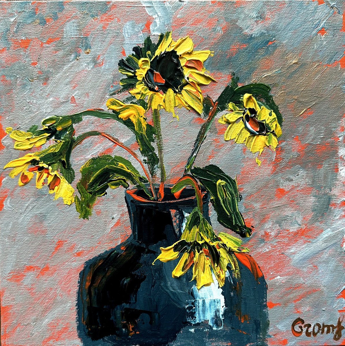 Impressionistic Botanical Acrylic Painting By Oksana Fedorova, 10 X 10", Sunflowers Flowers Acrylic, Original Artwork