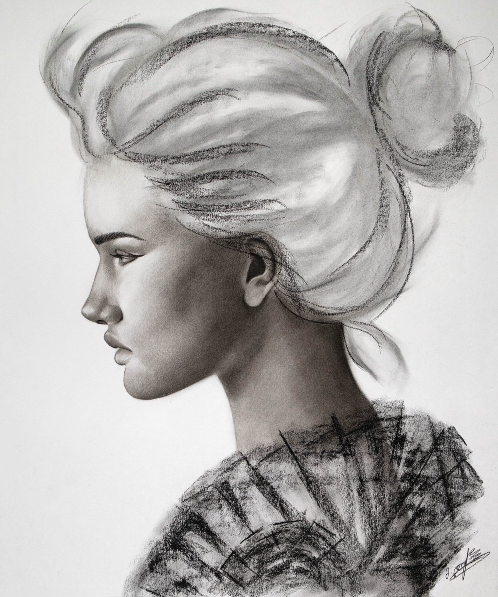 Abstract Portrait Charcoal Drawing By Mariam Darchiashvili, 20 X 24", Untitled, Original Artwork
