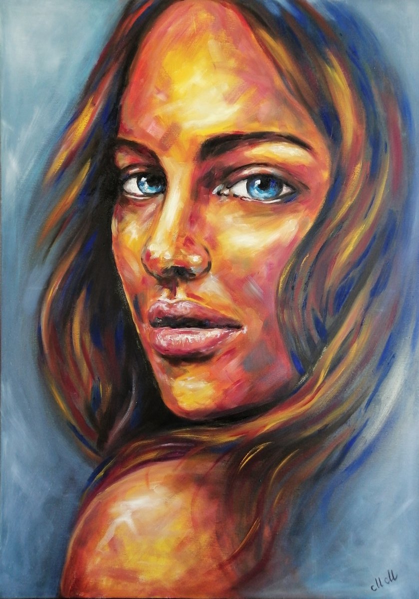 Expressive Portrait Oil Painting By Mateja Marinko, 28 X 39", Blue Eyes, Original Artwork