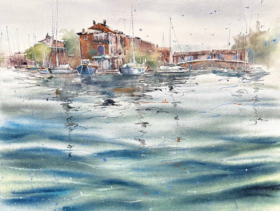 Harbour Cityshape /boats watercolor painting, Port Grimaud yachts watercolor painting