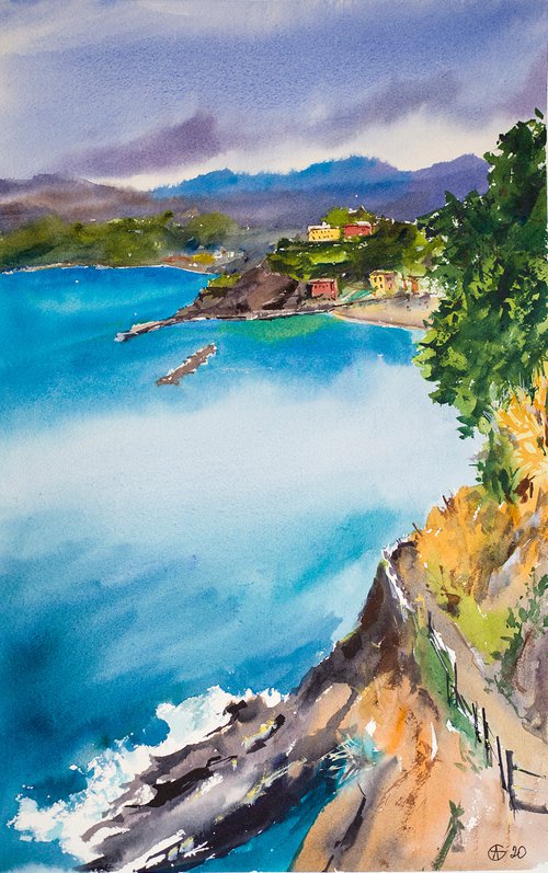 Sunny seascape. Monterosso. View of the Cinque terre town from the hill. Medium format watercolor sea landscape italy sea bright architecture old travel Mediterranean blue nature by Sasha Romm