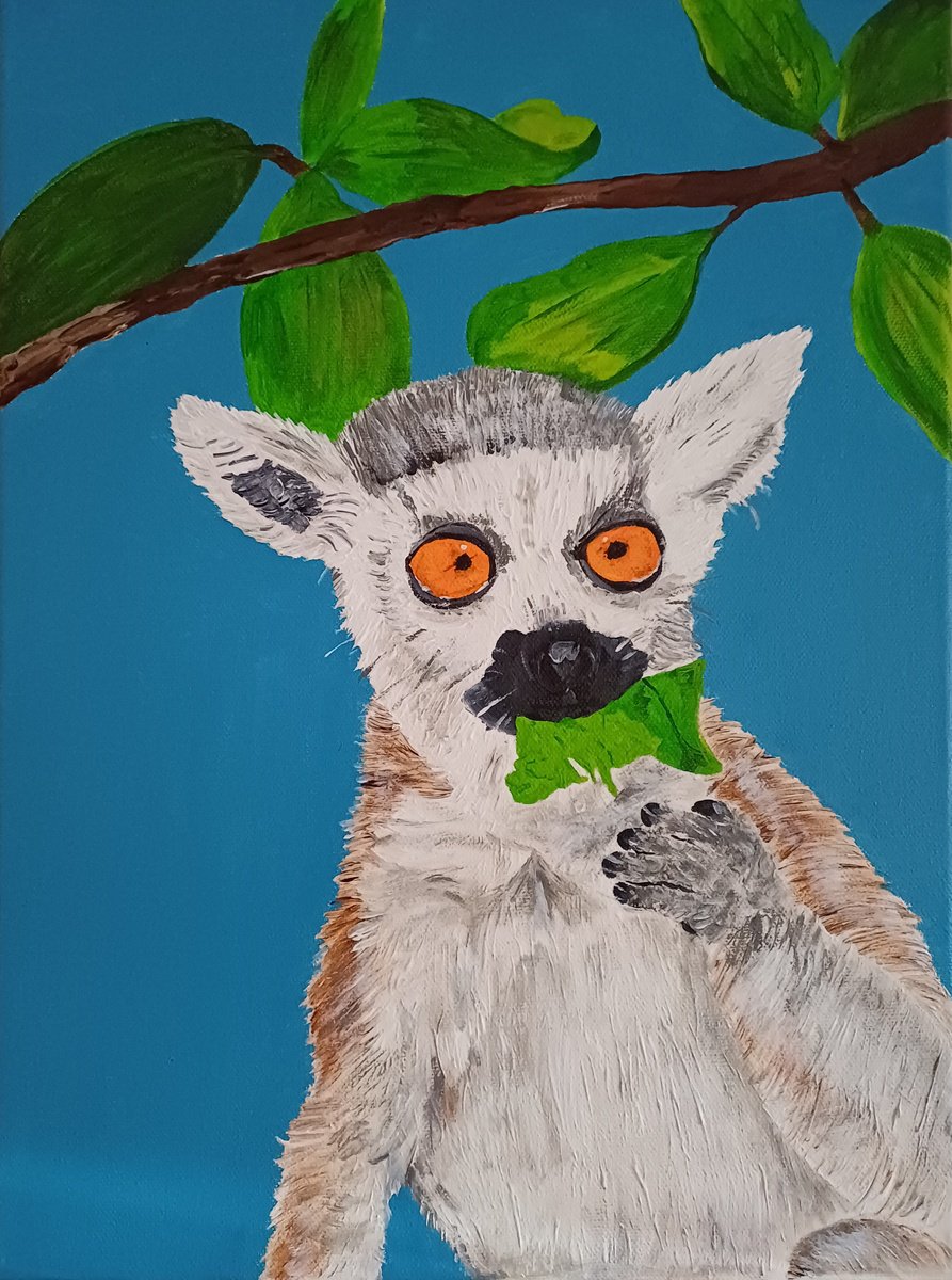 Photorealistic Animal Acrylic Painting By Corinne Hamer, 12 X 16, Lemur, Original Artwork