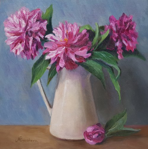 Peonies in a white jug original oil painting by Marina Petukhova