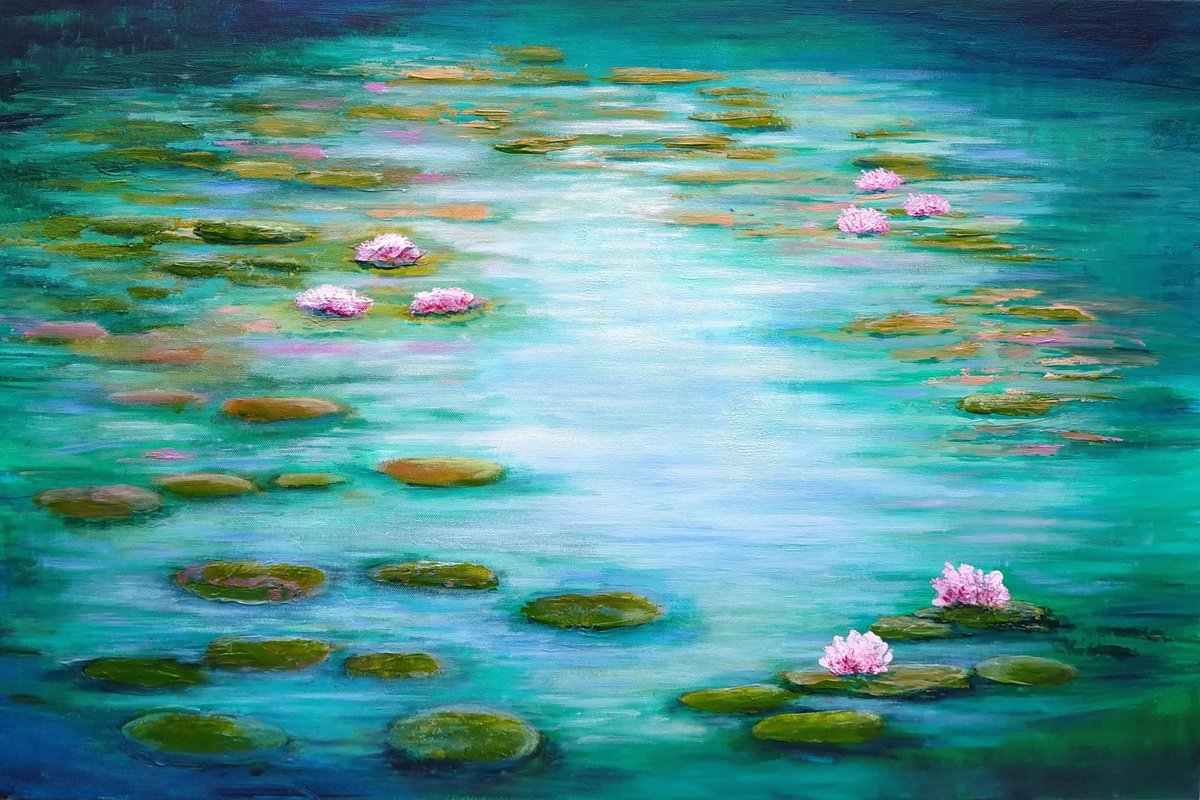 Impressionistic Botanical Acrylic Painting By Amanda Horvath, 30 X 20, Impressions Of Waterlilies, Original Artwork