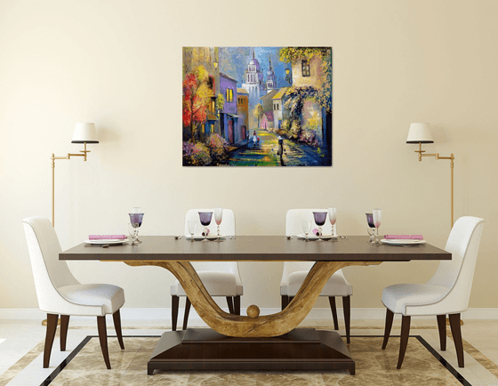 " Morning in Italy " - 100 x 80cm Original Oil Painting Large XL Landscape old Cityscape