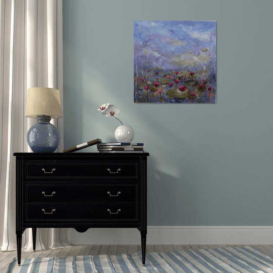 The sacred blooms 70 x70 cm. Impressionist landscape with water lilies