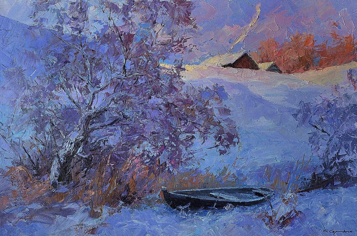Impressionistic Landscape Oil Painting By Boris Serdyuk, 28 X 20, Frosty Morning, Original Artwork
