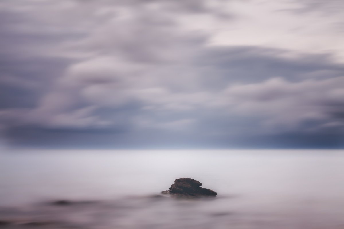 Impressionistic Landscape Photograph By Karim Carella, 31 X 22", A Lone Rock In The Silky Sea, Original Artwork