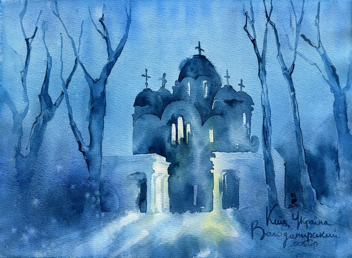 Architectural landscape Evening Kyiv. Vladimir Cathedral - Original watercolor painting by Ksenia Selianko