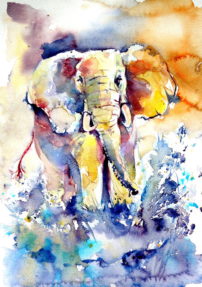 Impressionistic Animal Watercolour By Kovacs Anna Brigitta, 10 X 15", Elephant, Original Artwork