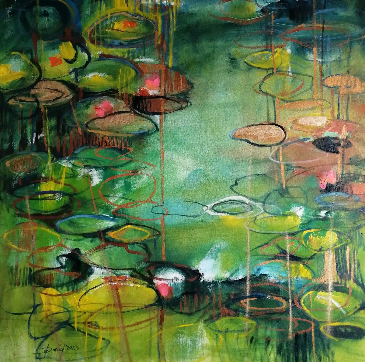 Impressionistic Botanical Oil Painting By Olga David, 35 X 35", Cooling Off At The Lily Pond, Original Artwork