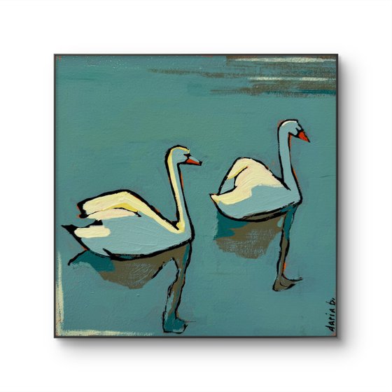 Original Small Painting Blue "2 Swans"