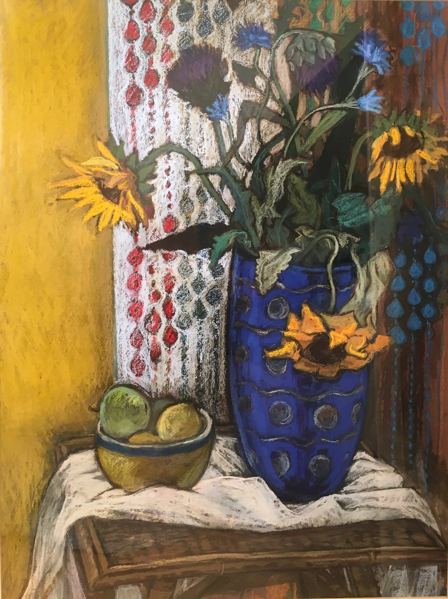 Impressionistic Still Life Pastel Drawing By Patricia Clements, 32 X 39", Blue Vase With Beaded Curtain, Original Artwork