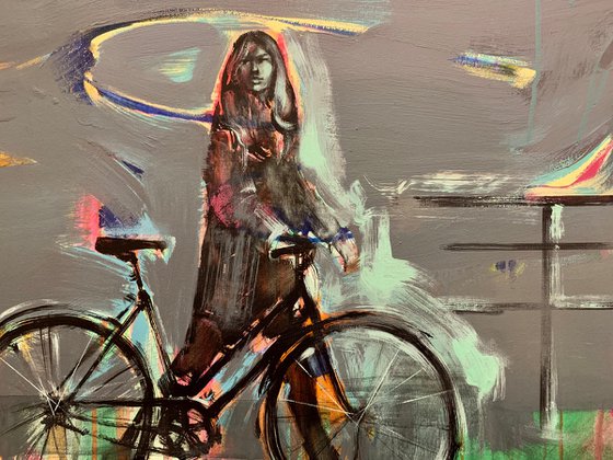 Big painting - "Autumn" - Girl - Bikes - Bicycle - Pop Art - Urban