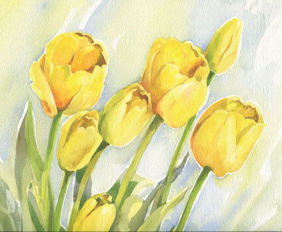 Yellow tulips / ORIGINAL watercolor 11x15in (28x38cm)