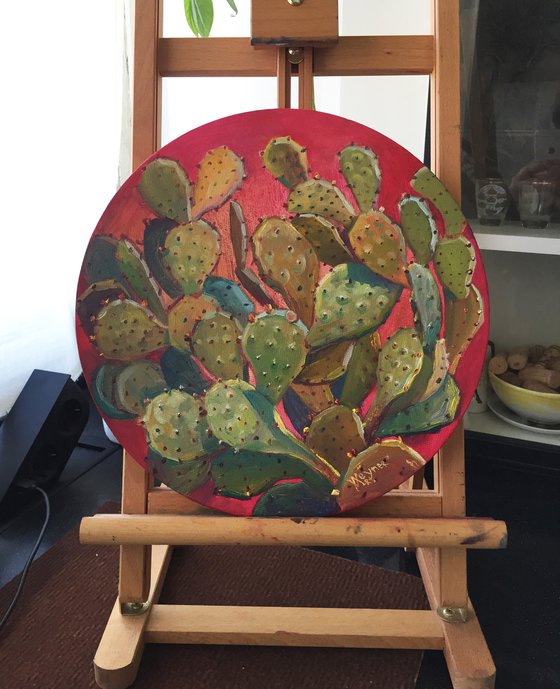 Opuntia cactus. Round bright painting.