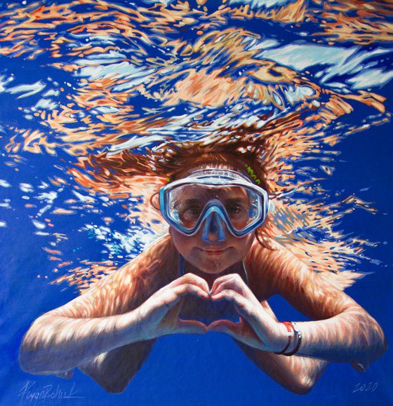 Underwater Modern acrylic large painting Seackape Swimming Slow breathing Pleasure Recreation Girl under water Sea waves Wall art Decor Home