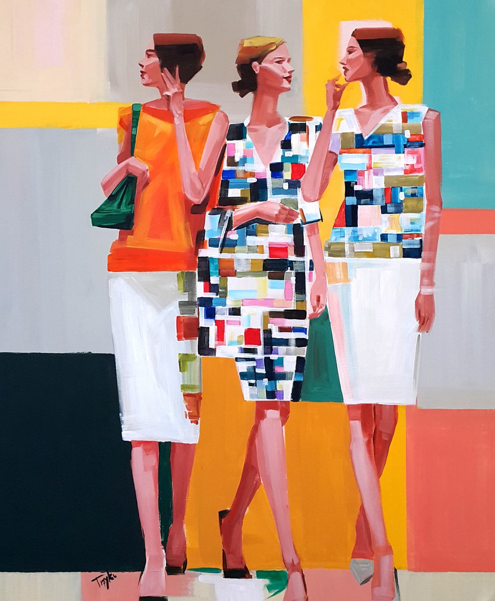 Abstract Portrait Acrylic Painting By Trayko Popov, 33 X 39", Street Walking, Original Artwork