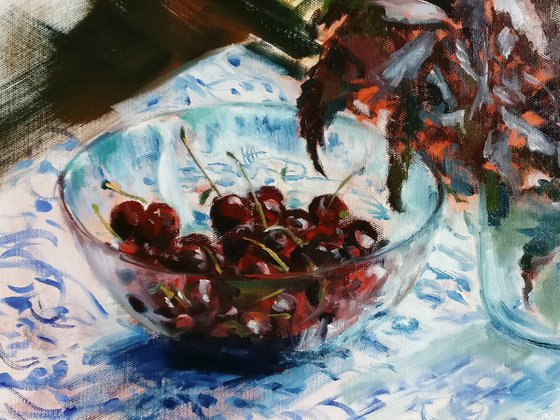 Still life with basil and cherries