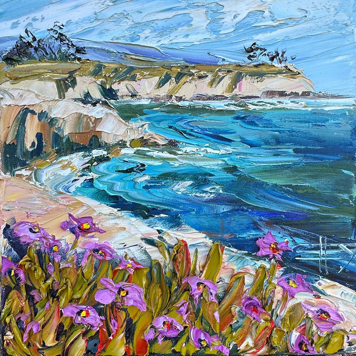 Impressionistic Botanical Oil Painting By Lisa Elley, 12 X 12", Seaside Solace, Original Artwork