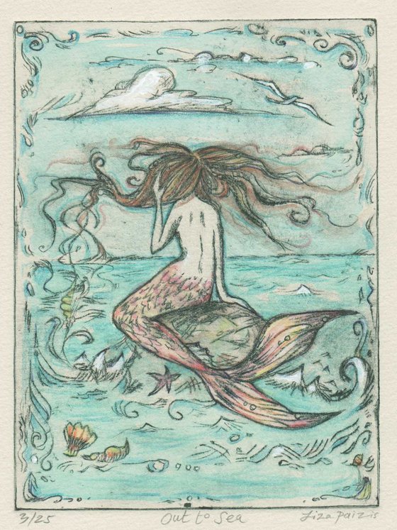 Mermaid Limited Edition drypoint etching Out to Sea mermaid on a rock art