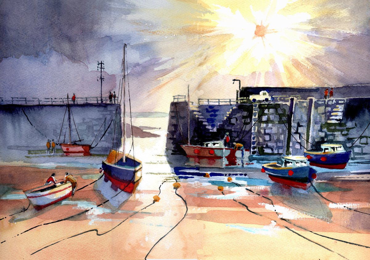 Impressionistic Landscape Watercolour By Peter Day, 17 X 13", Harbour, Mousehole, Original Artwork