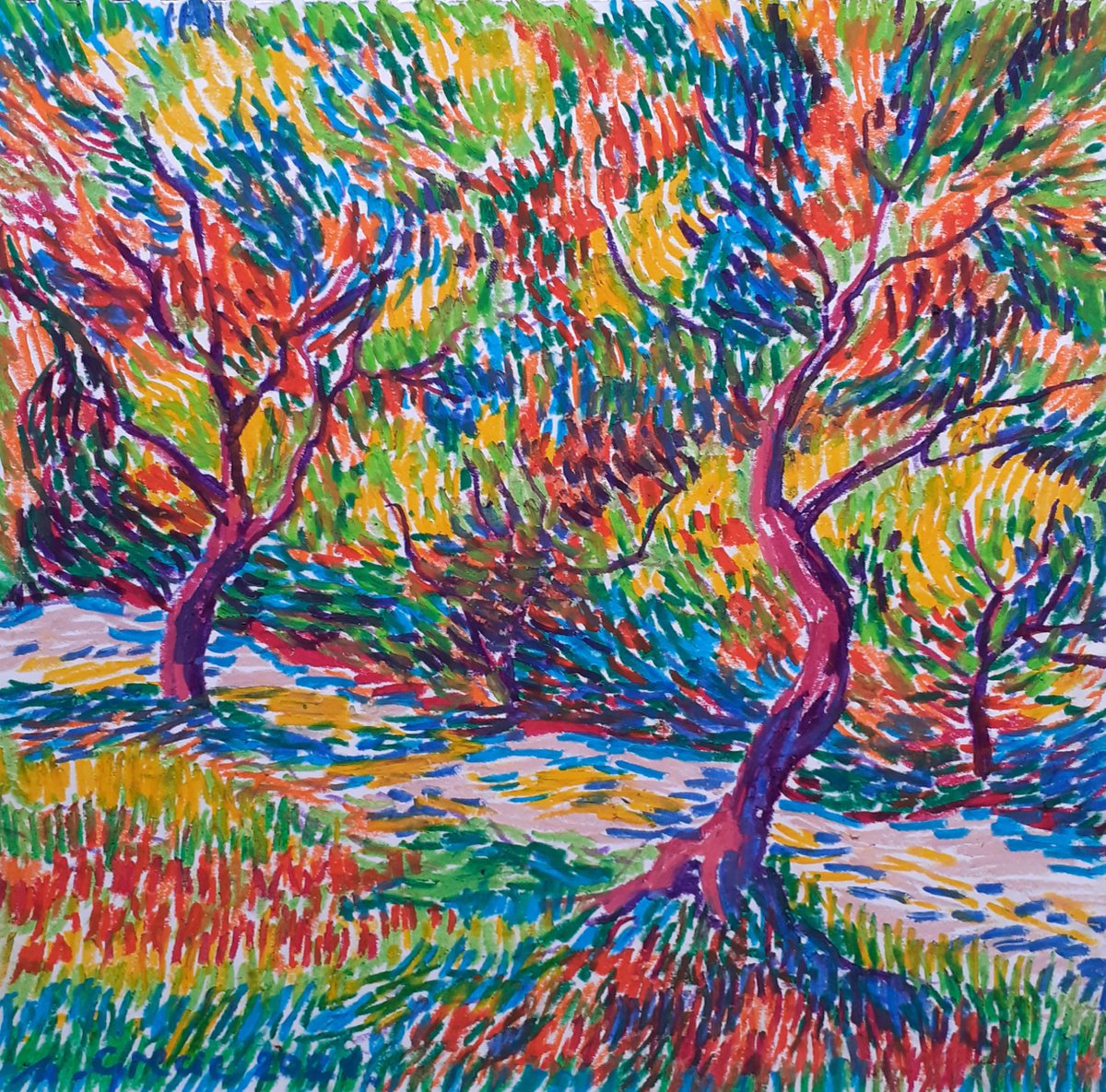 Impressionistic Pastel Drawing , Shady Path In Orchard By Maja Grecic, 12 X 12, Artwork For Sale On Artfinder