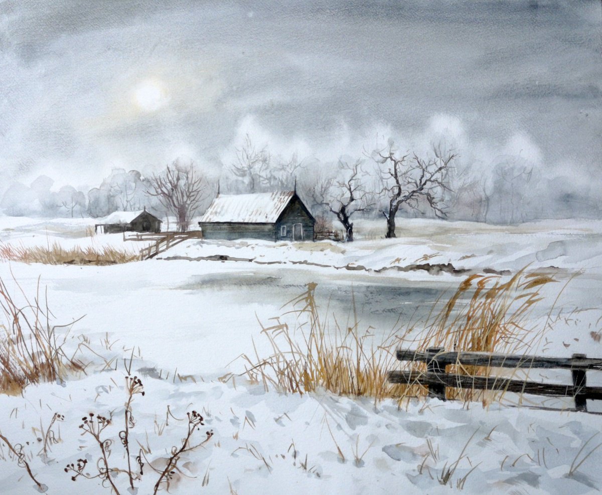 Old Barn In The Snow - farmhouse - Winter Snow Landscape by Olga Beliaeva Watercolour
