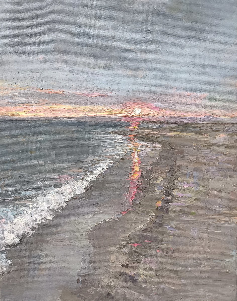Impressionistic Landscape Oil Painting By Kamsar Ohanyan, 12 X 16", Sunset On The Beach, Original Artwork