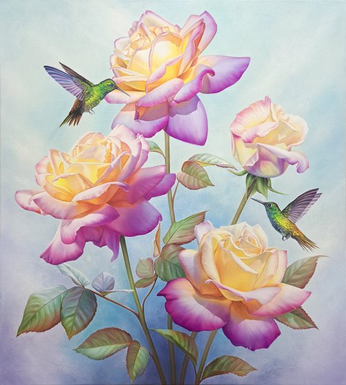 "Date among roses", floral painting with birds by Anna Steshenko