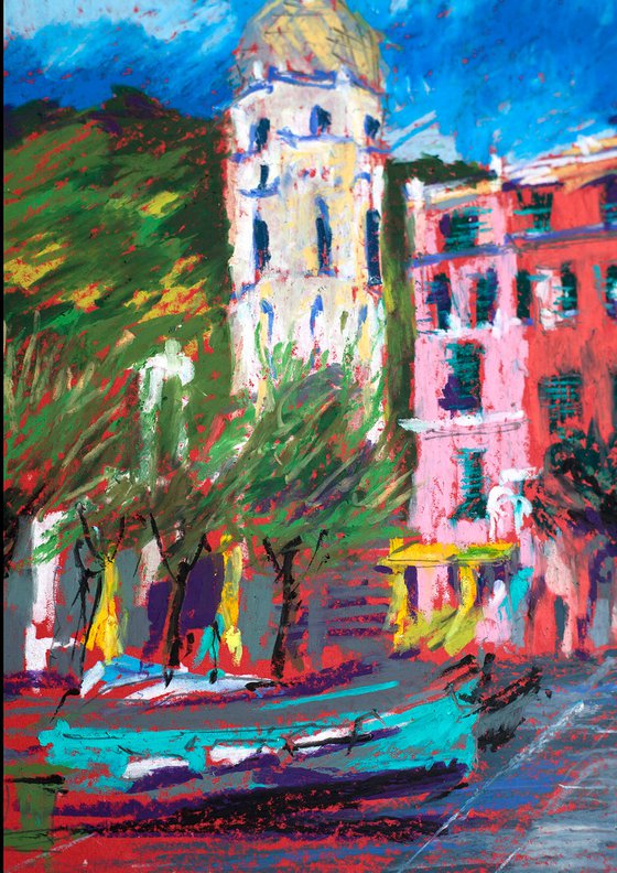 Vernazza. Tower in the old town harbor. Urban city sketch. Small oil pastel impressionistic interior painting