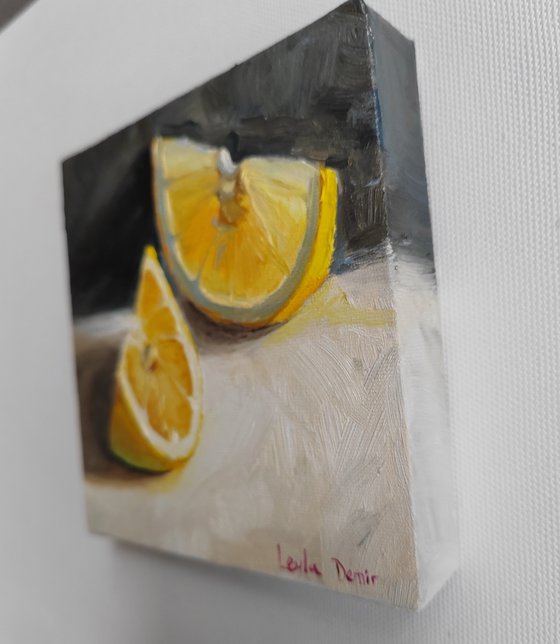 Lemon fruit still life oil painting realistic citrus wall decor 4x4"